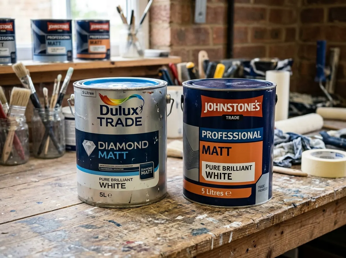 Tins of Dulux Trade and Johnstone's Trade paint