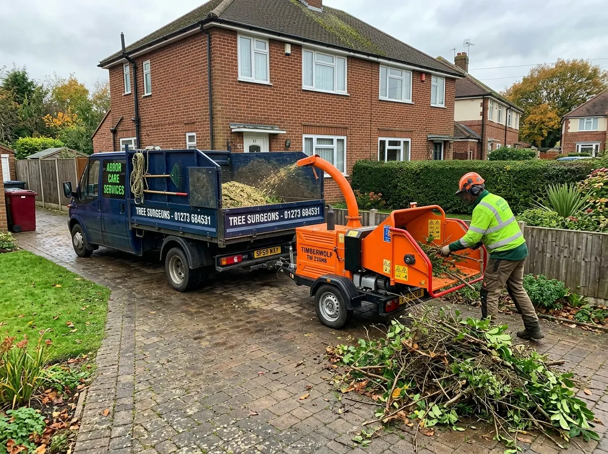 Tree surgeons using a woodchipper and tipper truck for garden waste removal