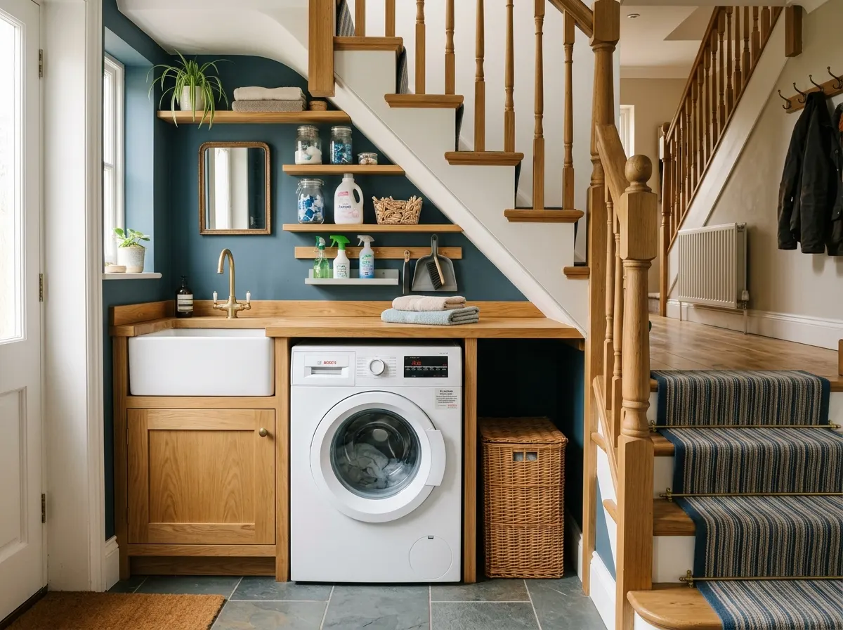 A clever mini utility space with a washing machine tucked neatly under a wooden staircase