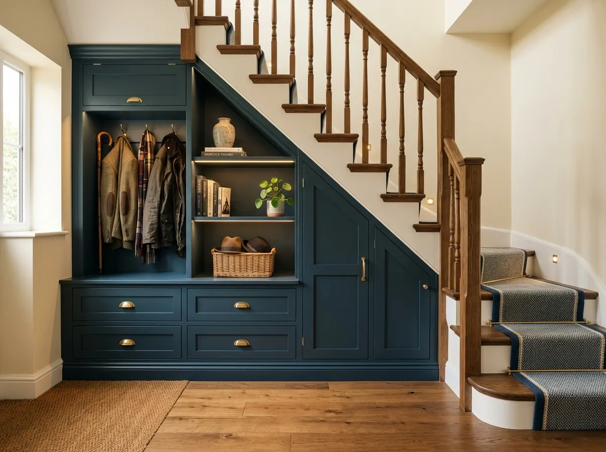 Pull-out shoe storage drawers built under a staircase