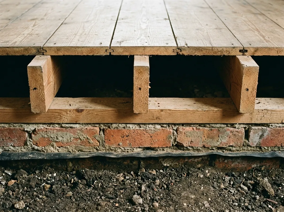 Timber floorboards lifted to show underfloor insulation between joists