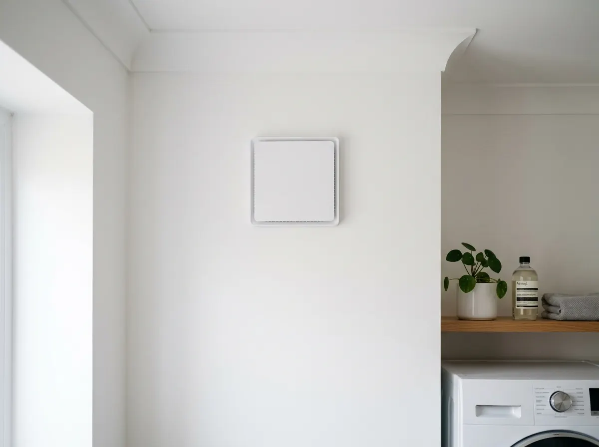 A high powered white extractor fan mounted on a utility room wall to remove moisture