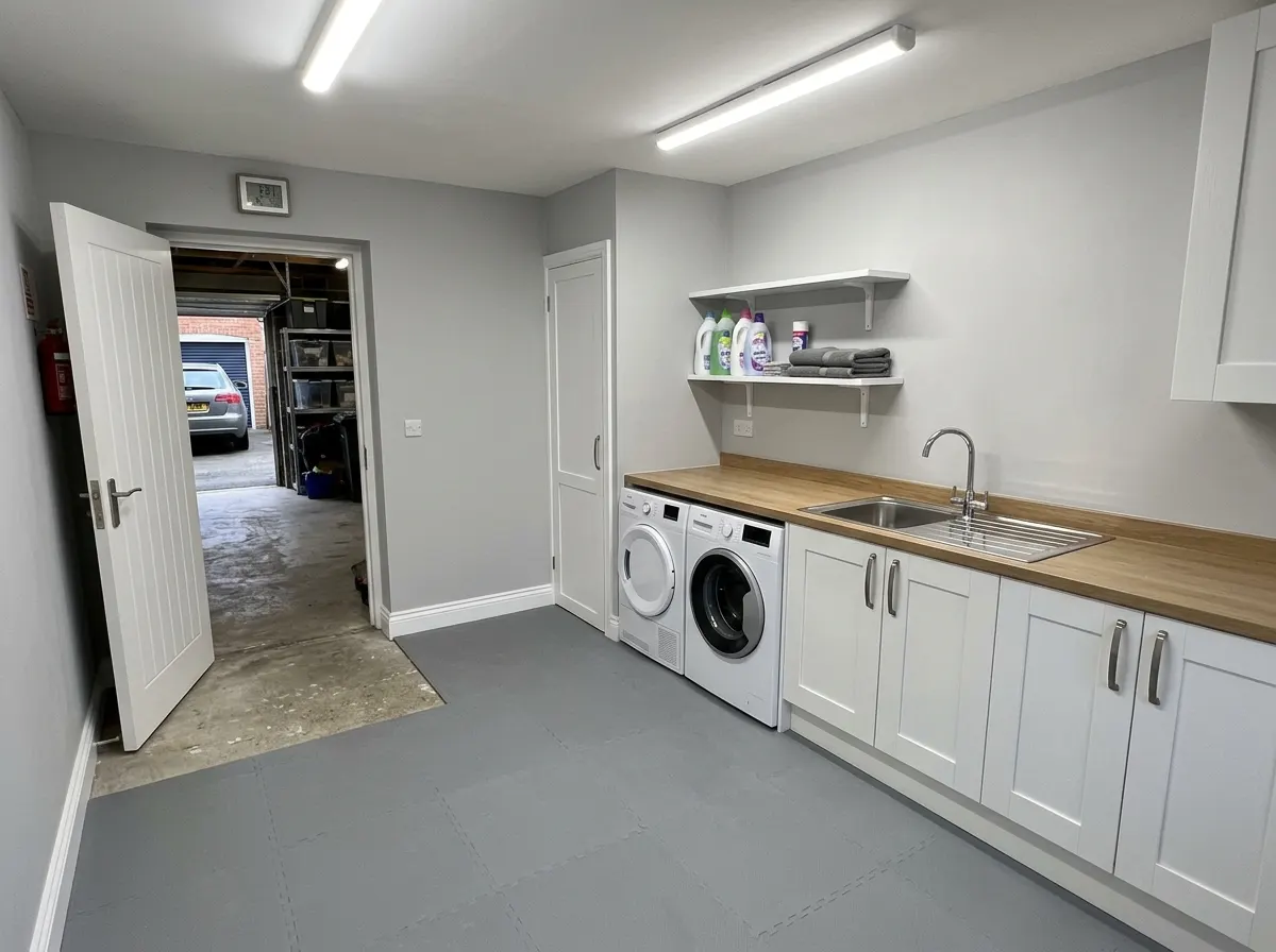 A newly plastered and insulated utility room built into the rear of an attached garage
