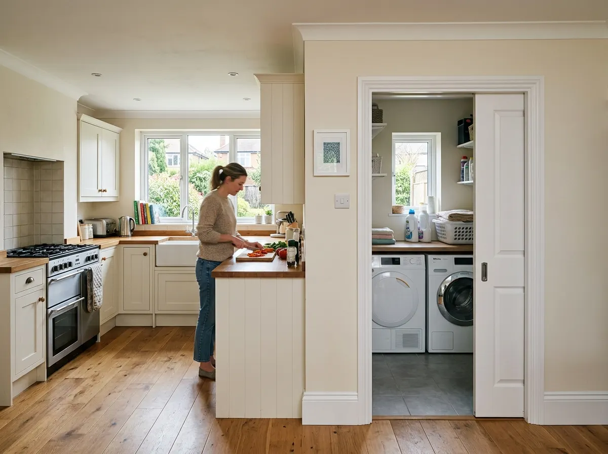 A stud partition wall with a pocket door sectioning off a small utility area from a large kitchen
