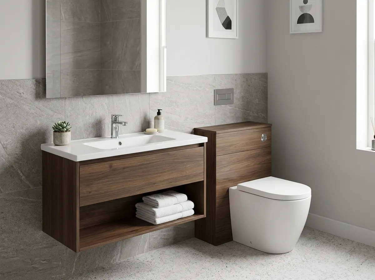 Modern bathroom vanity unit with integrated basin and back-to-wall toilet