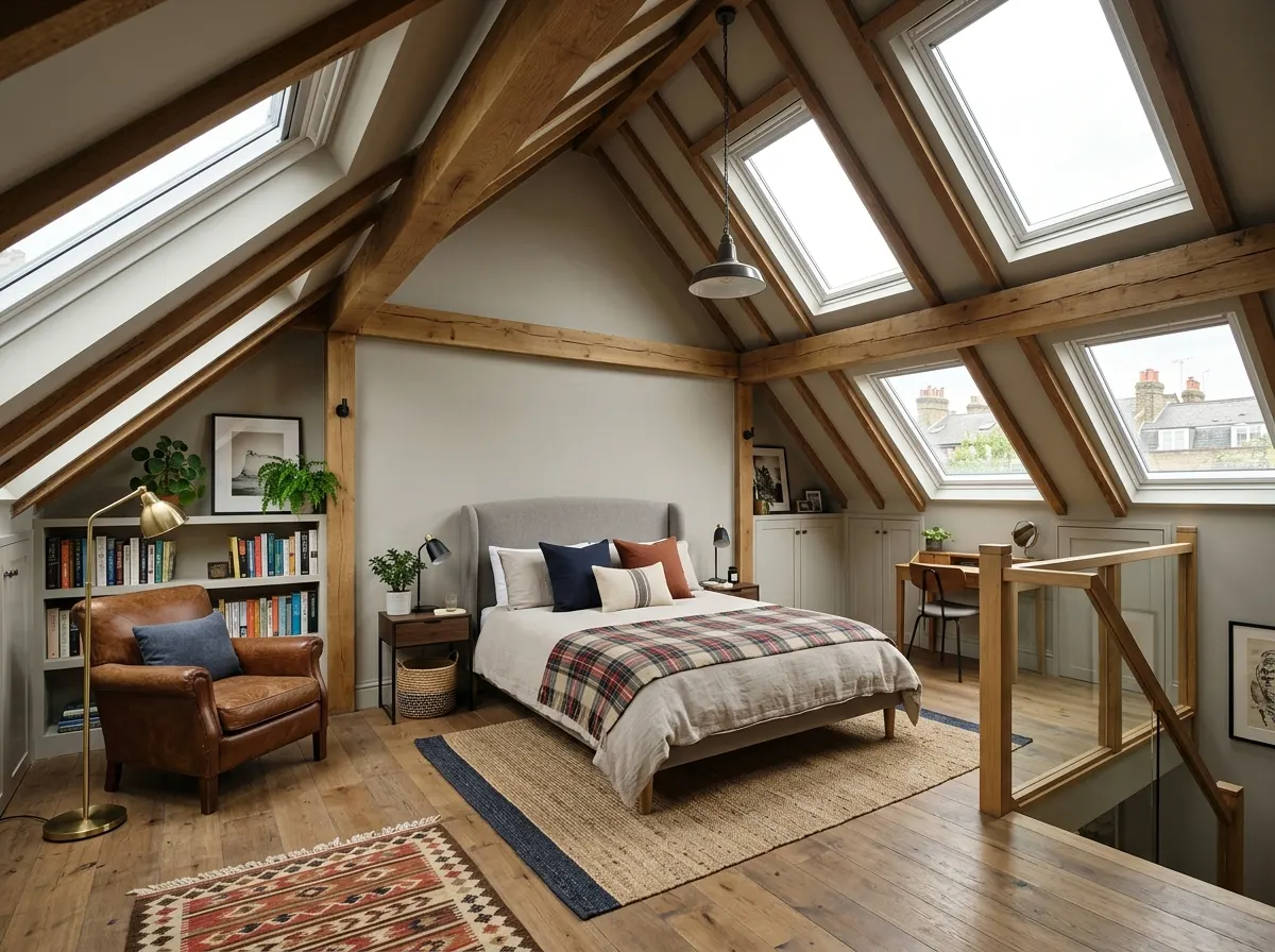 Interior view of a Velux rooflight loft conversion with slanted ceilings and flush skylights