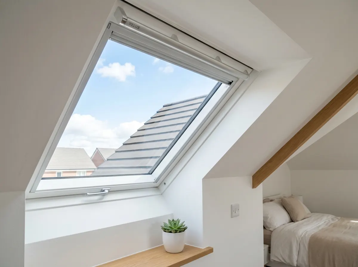 Velux skylight window installed into a pitched roof