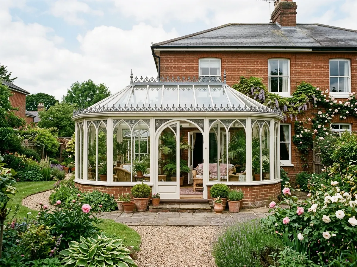 Classic Victorian conservatory with a curved multi-faceted front bay and ornate roof cresting