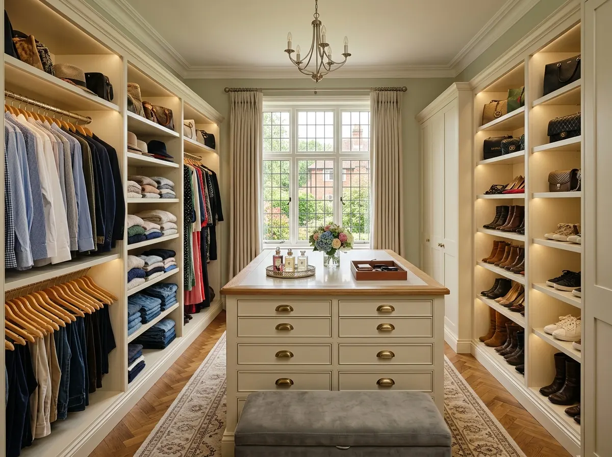 A luxury walk in wardrobe room with open shelving, rails, and a central drawer island