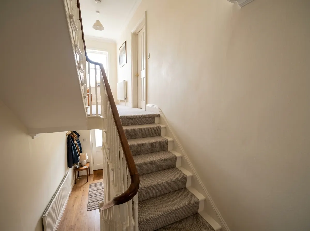 Looking up the stairs to see a wall continuing directly on the floor above