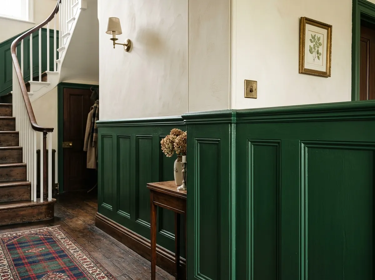 Shaker style MDF wall panelling painted in a dark hallway