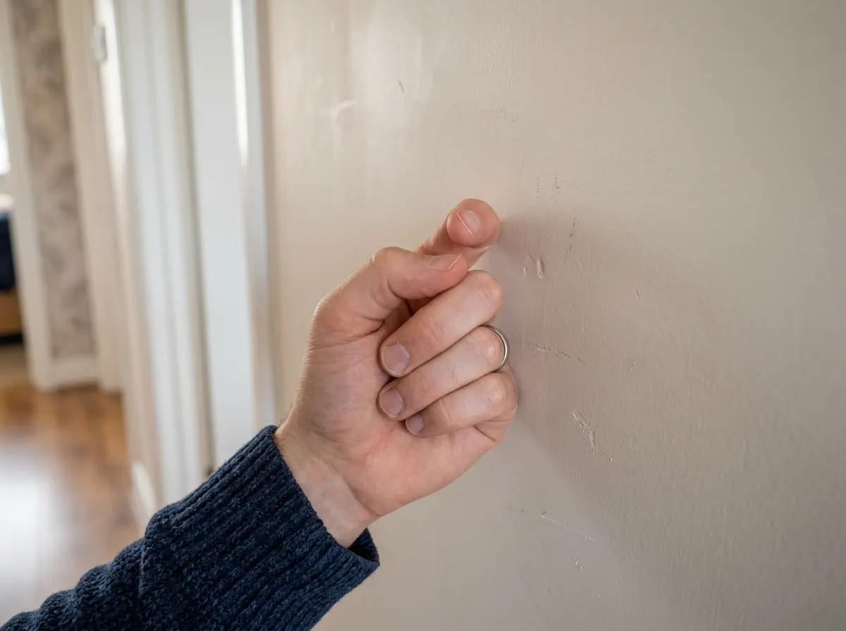 Person knocking on a plastered wall to check if it sounds hollow or solid