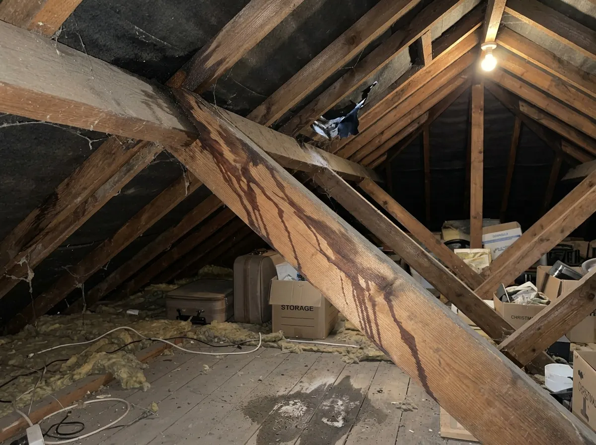 Water stain marks trailing down a wooden roof rafter inside an attic