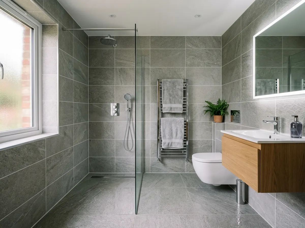 Luxury walk-in wet room with linear drain