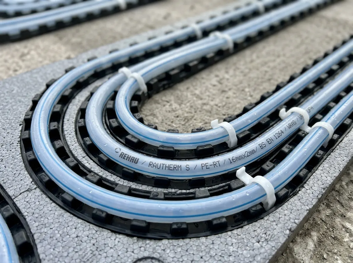 Continuous loops of plastic pipework for a wet underfloor heating system prior to screeding