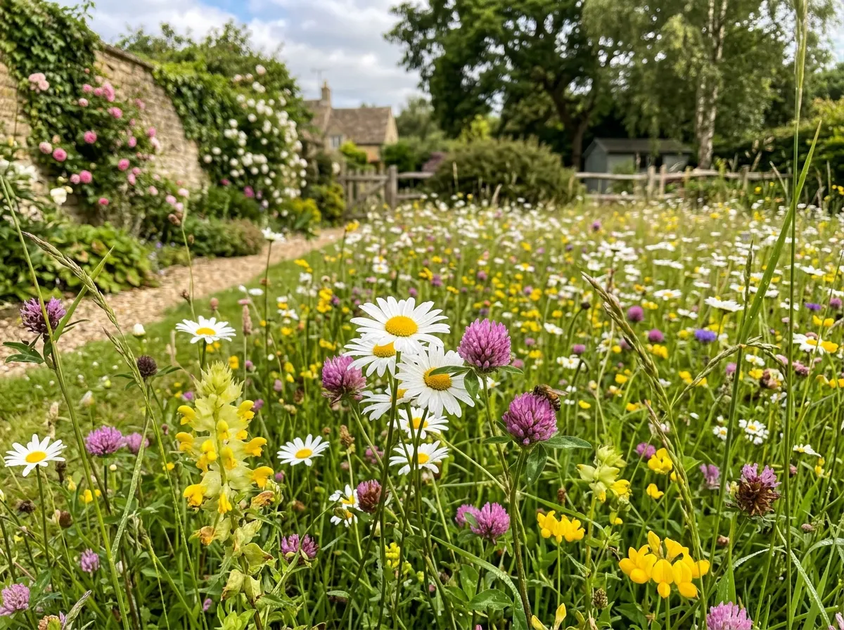 Eco-friendly wildflower meadow lawn attracting bees