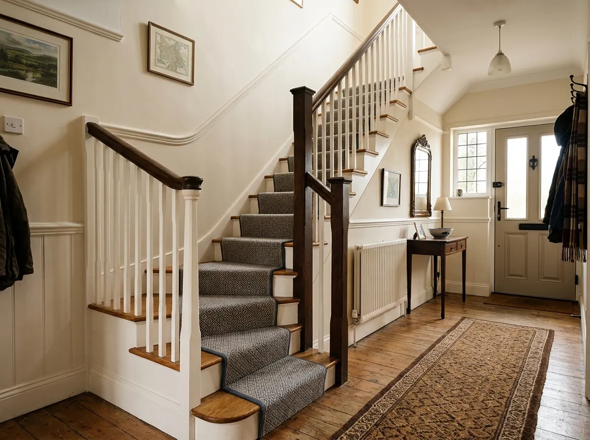 A quarter turn staircase featuring triangular kite winder steps at the bottom