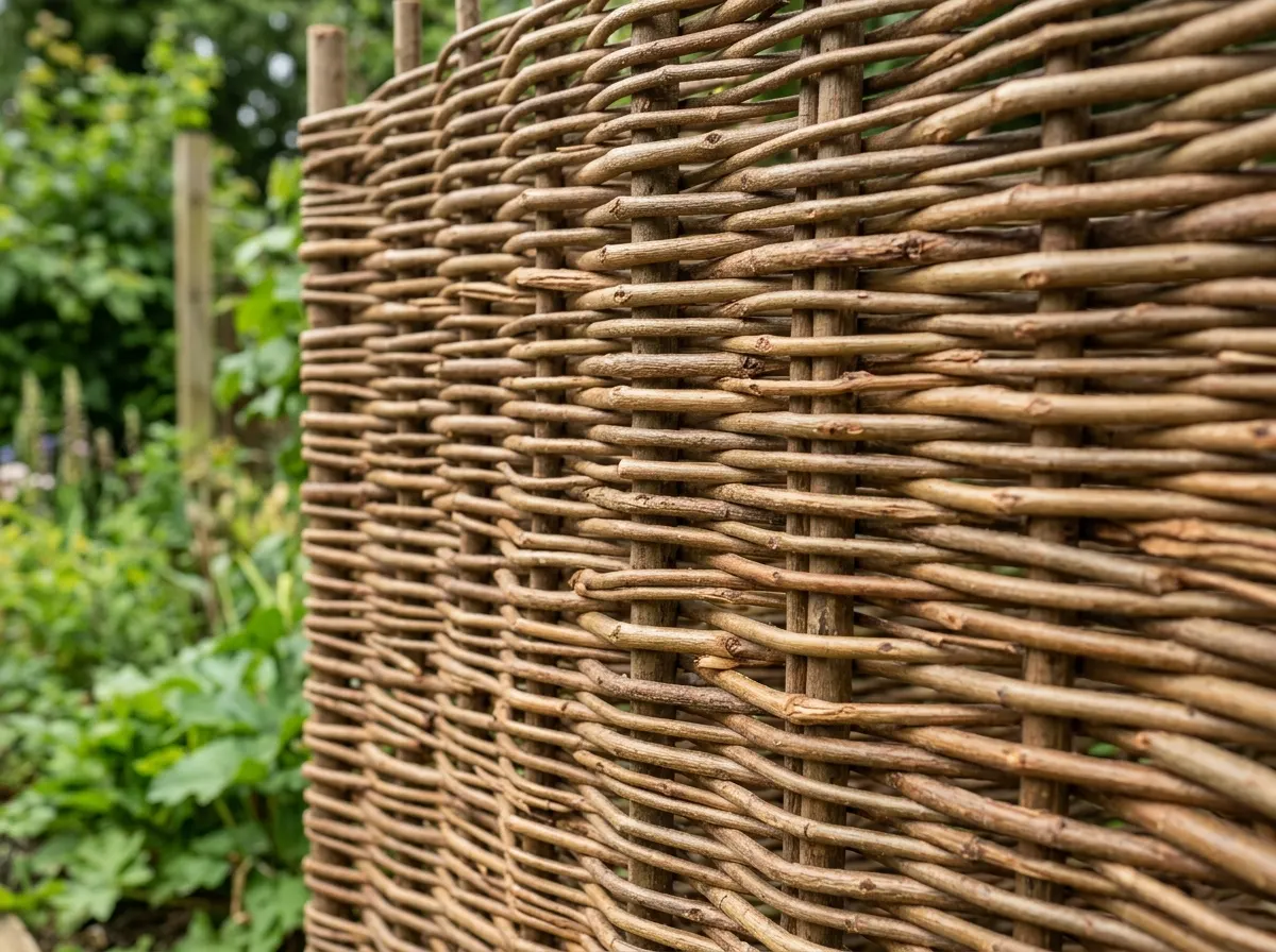 Rustic woven willow hurdle fencing panels in a country garden