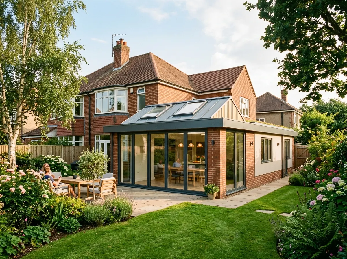 An L-shaped wrap around extension extending to the side and rear of the property