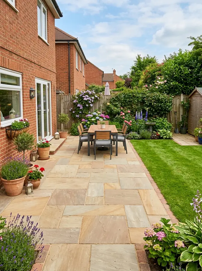 AI render of a new sandstone garden patio
