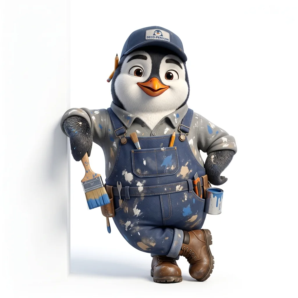 Percy the penguin decorator in paint-splattered overalls, leaning against a wall with a paintbrush