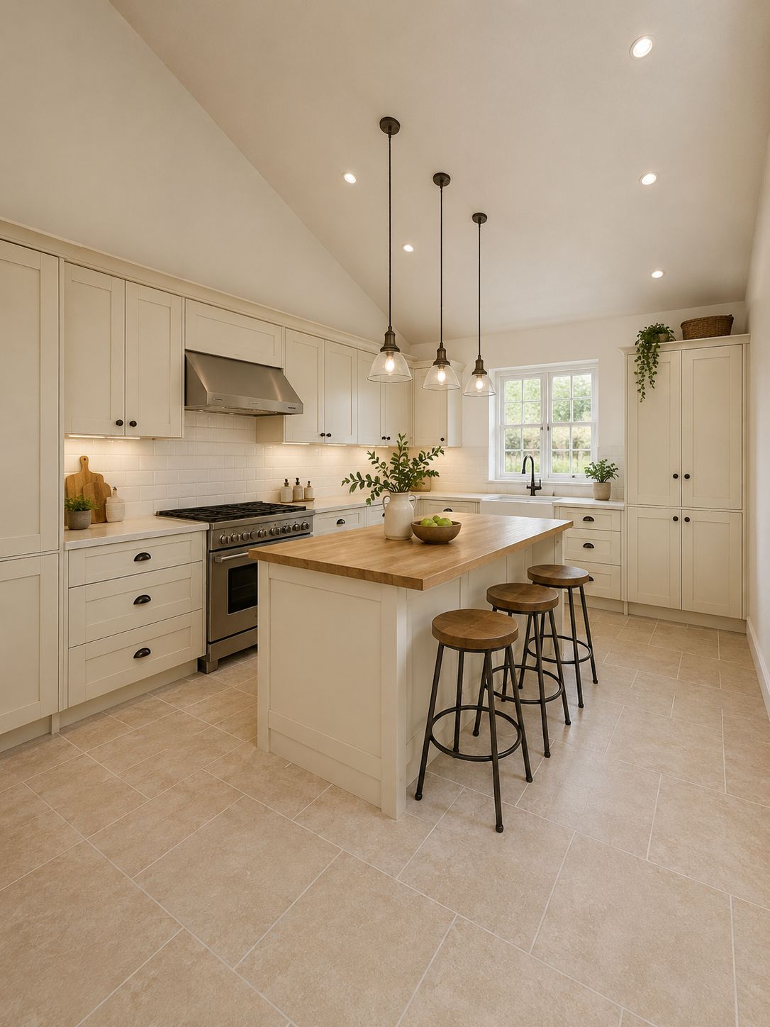 After: the finished, renovated cream kitchen
