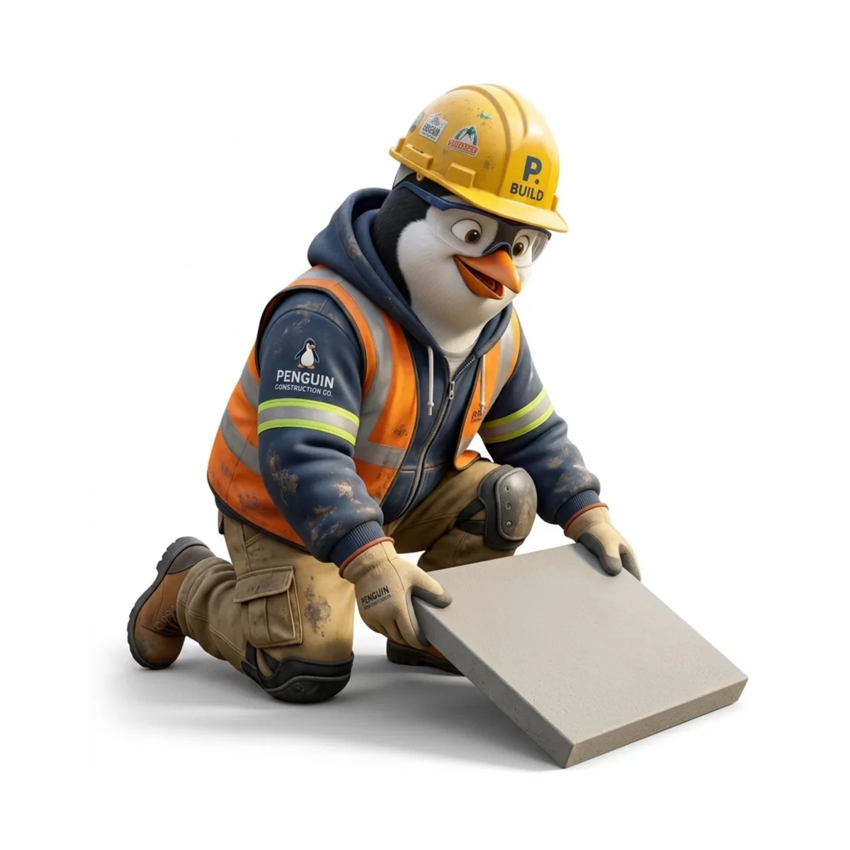 Penguin tradesperson laying paving slabs