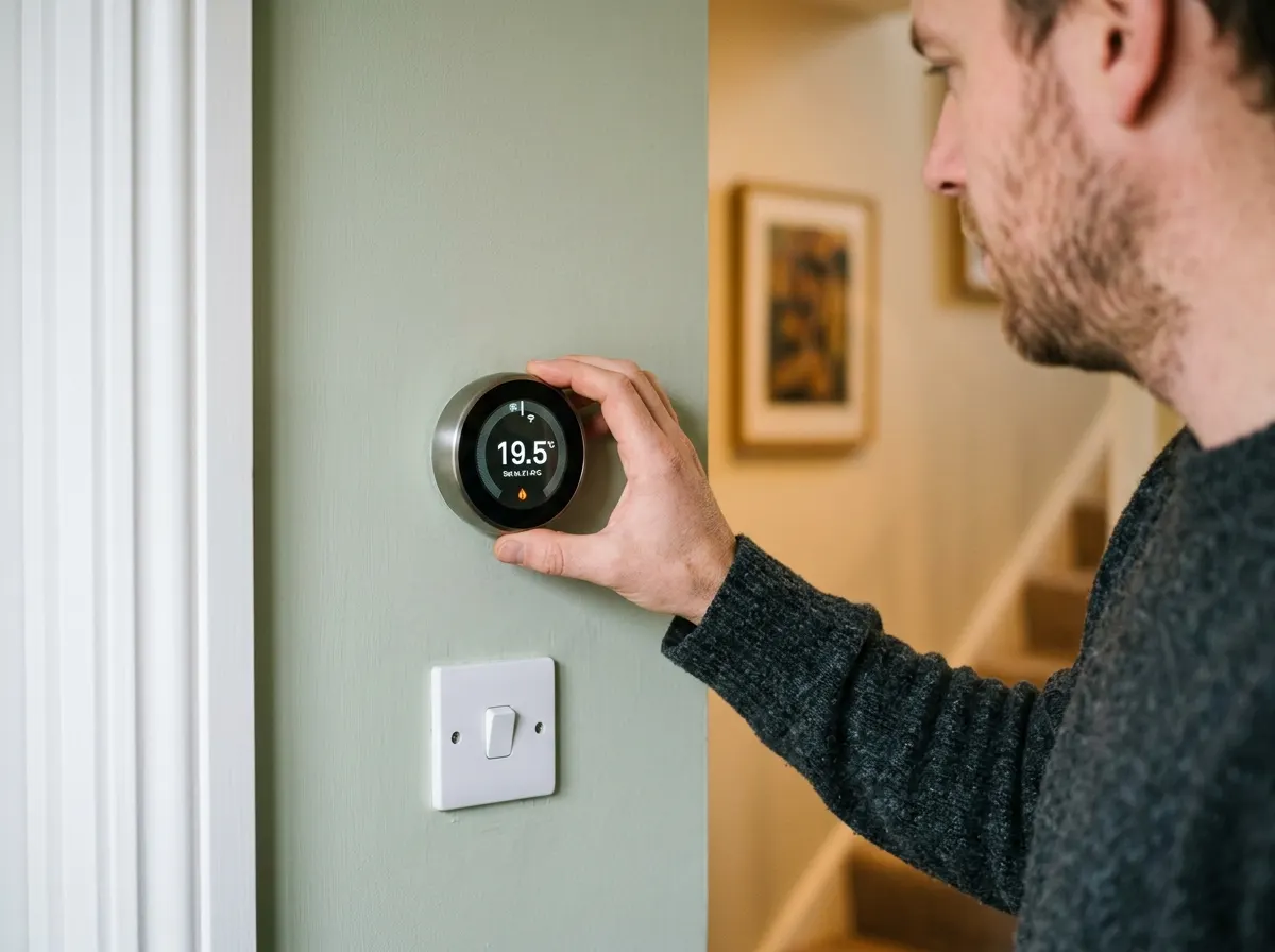 A family adjusting their new thermostat