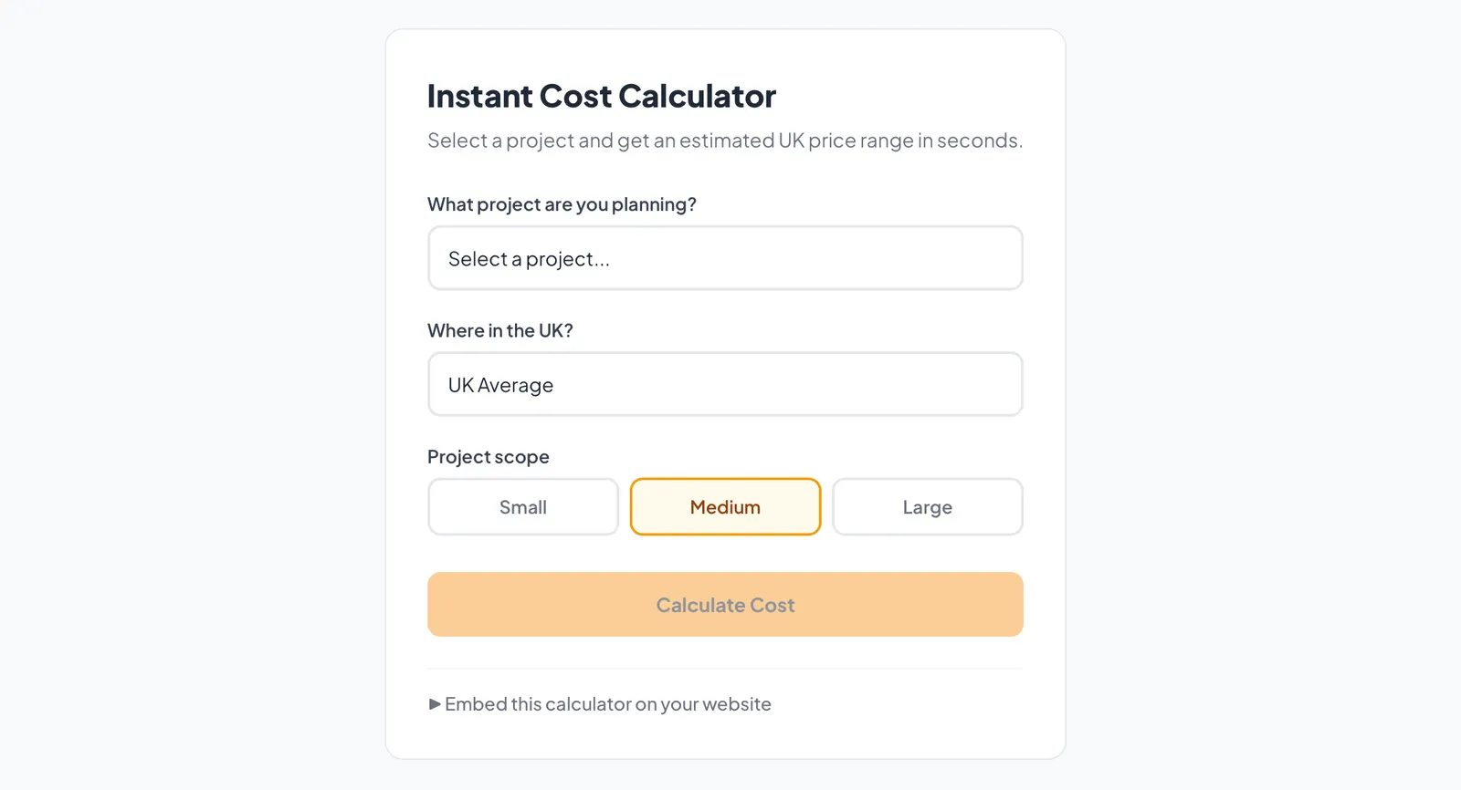 A homeowner using an interactive cost calculator widget on a tradesperson's website