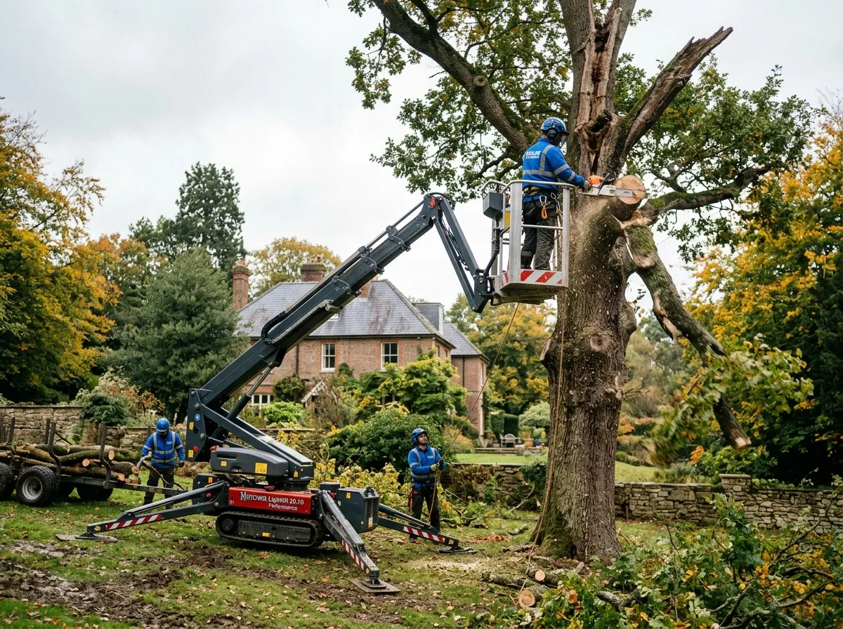 A tree surgeon operating a tracked spider lift MEWP to safely dismantle a dangerous tree
