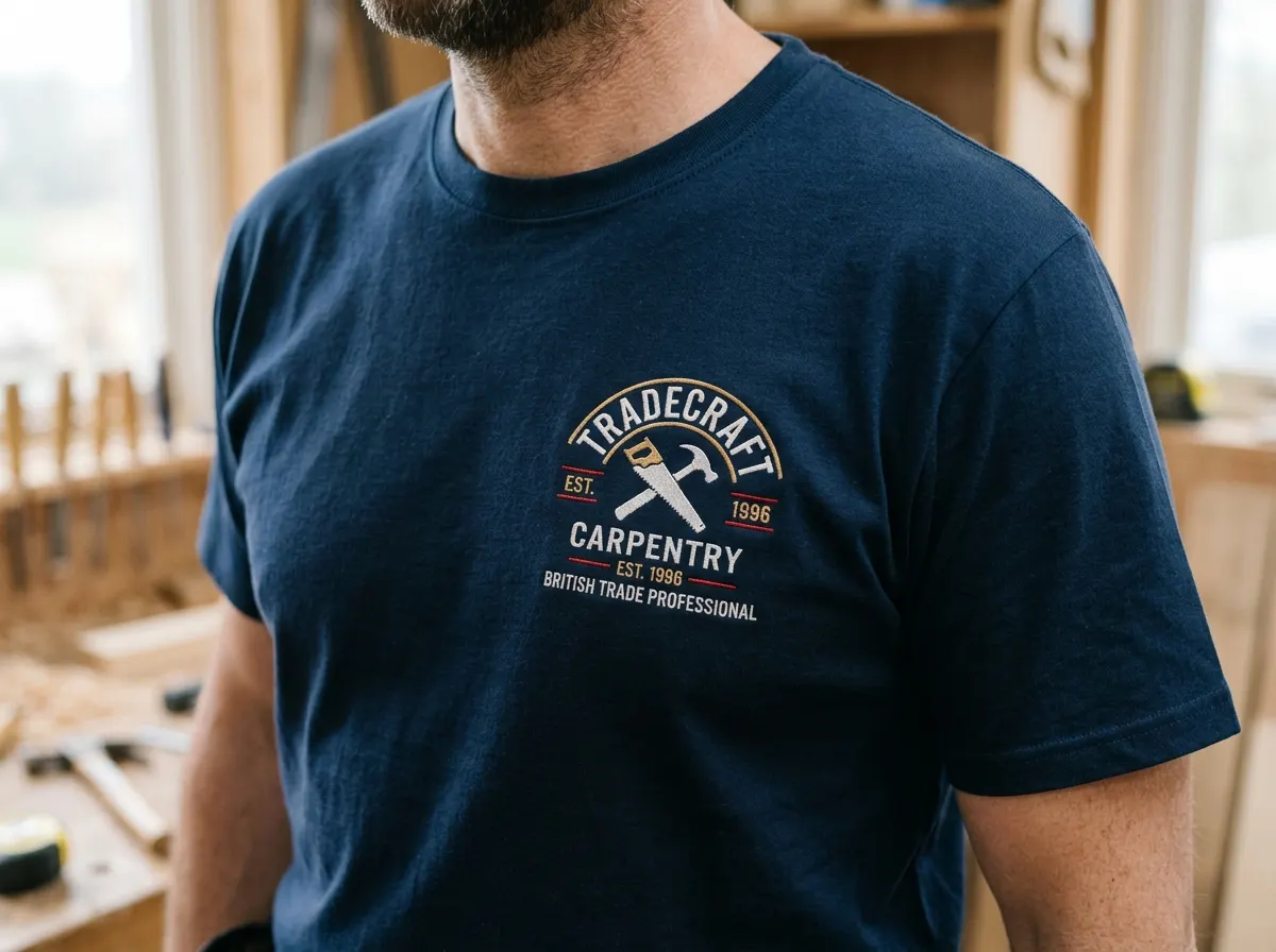 A tradesperson wearing a clean, branded polo shirt and professional work trousers
