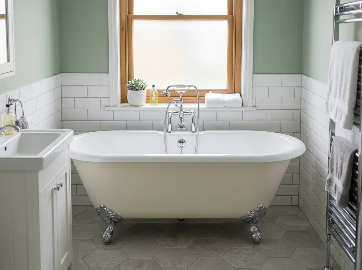 A traditional style free standing British bath in an ordinary british bathroom