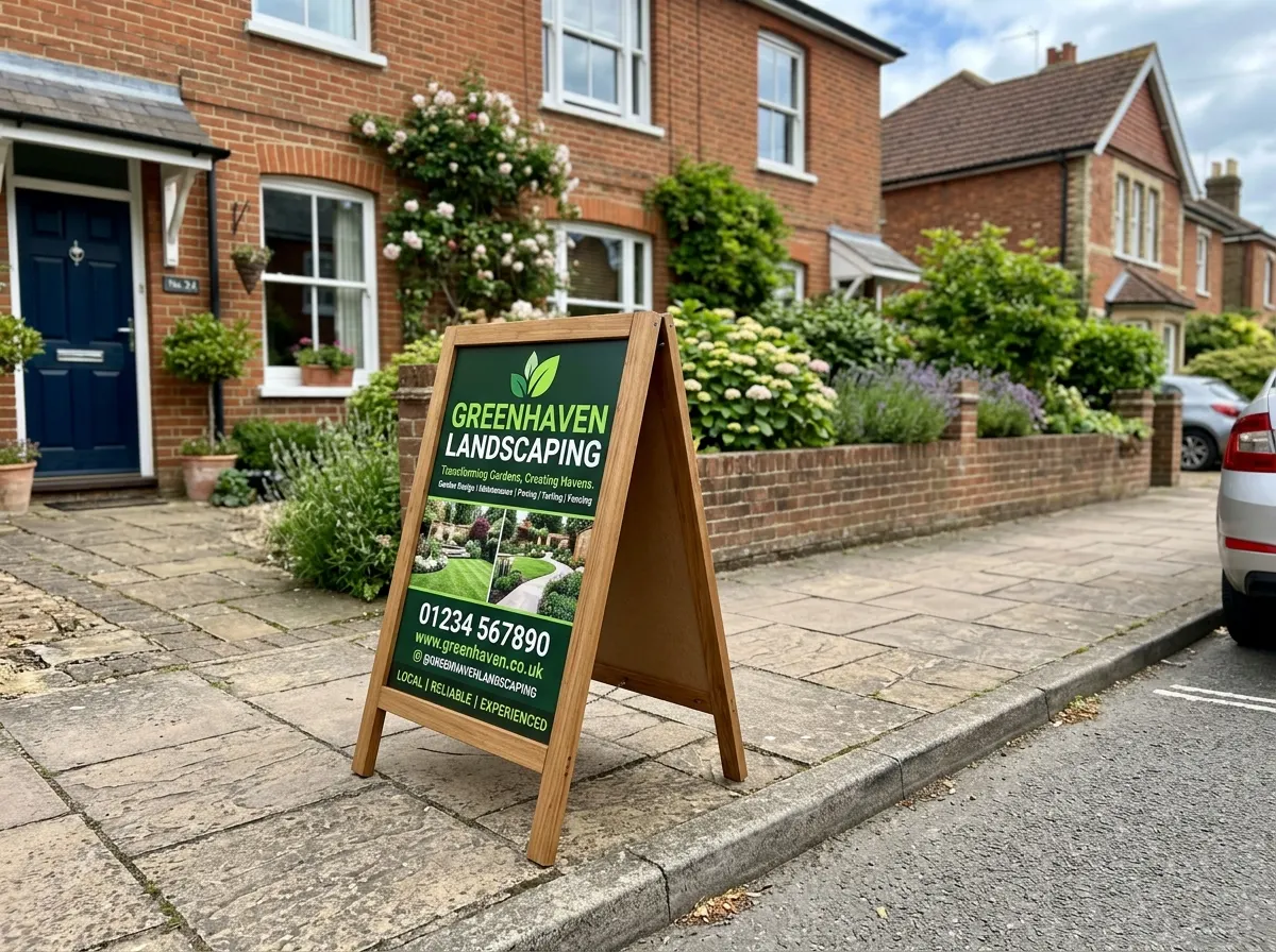 A branded builder's site board attached to scaffolding outside a residential home