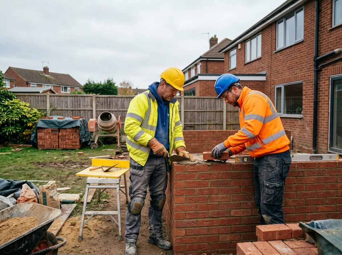 Two professional UK builders laying brickwork on a new domestic rear extension project