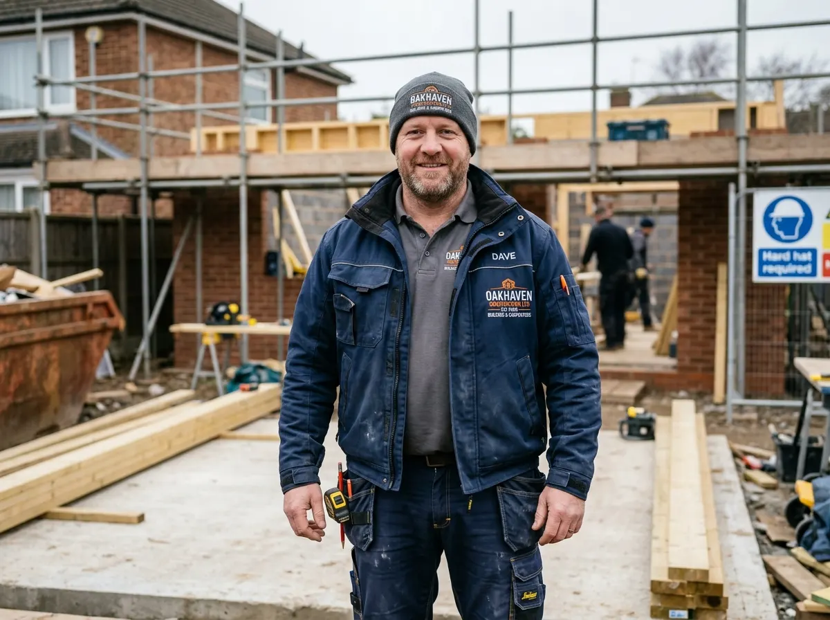 A professional carpenter wearing branded workwear discussing bespoke wardrobe plans with a client