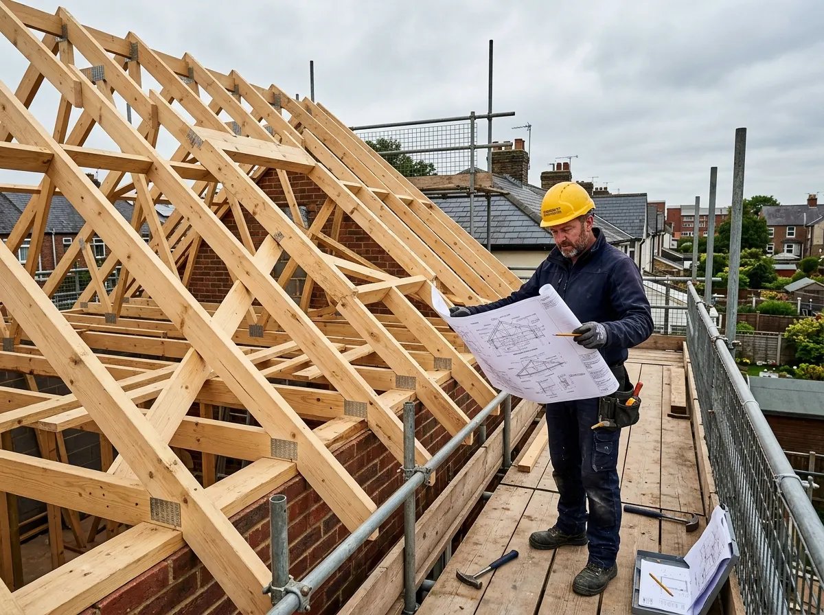 A carpenter reading architectural plans for a load-bearing timber roof structure, highlighting structural liability