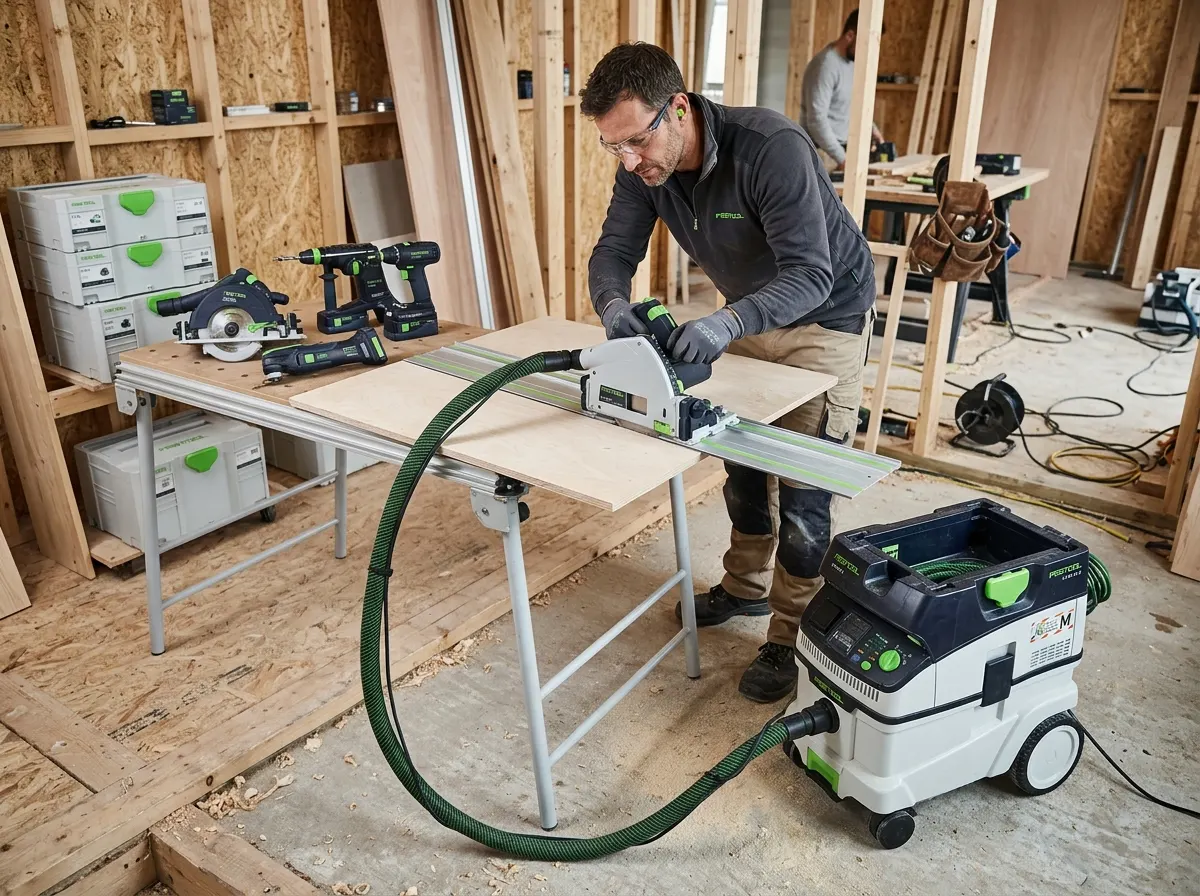 A collection of high-end Festool carpentry power tools and M-class dust extraction on a job site