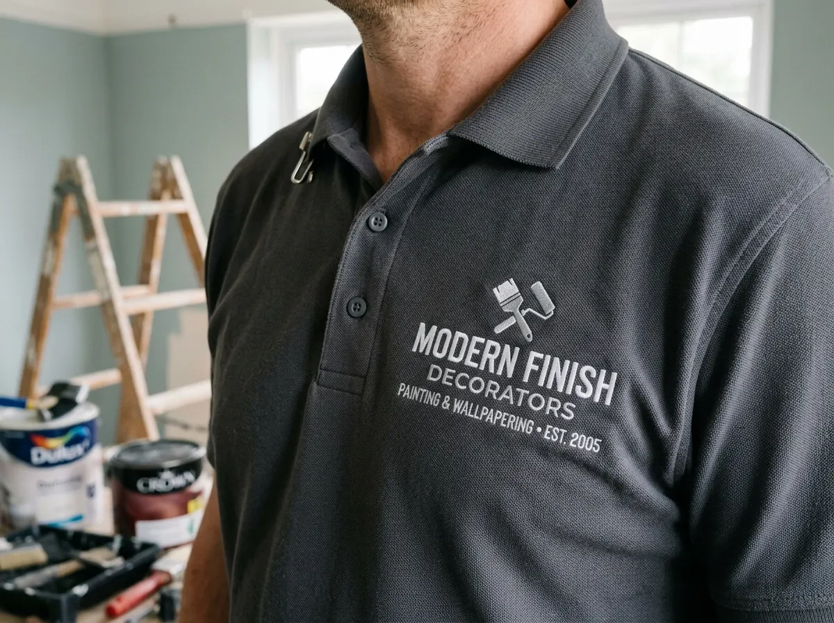 A decorator wearing a modern, branded polo shirt rather than traditional messy whites