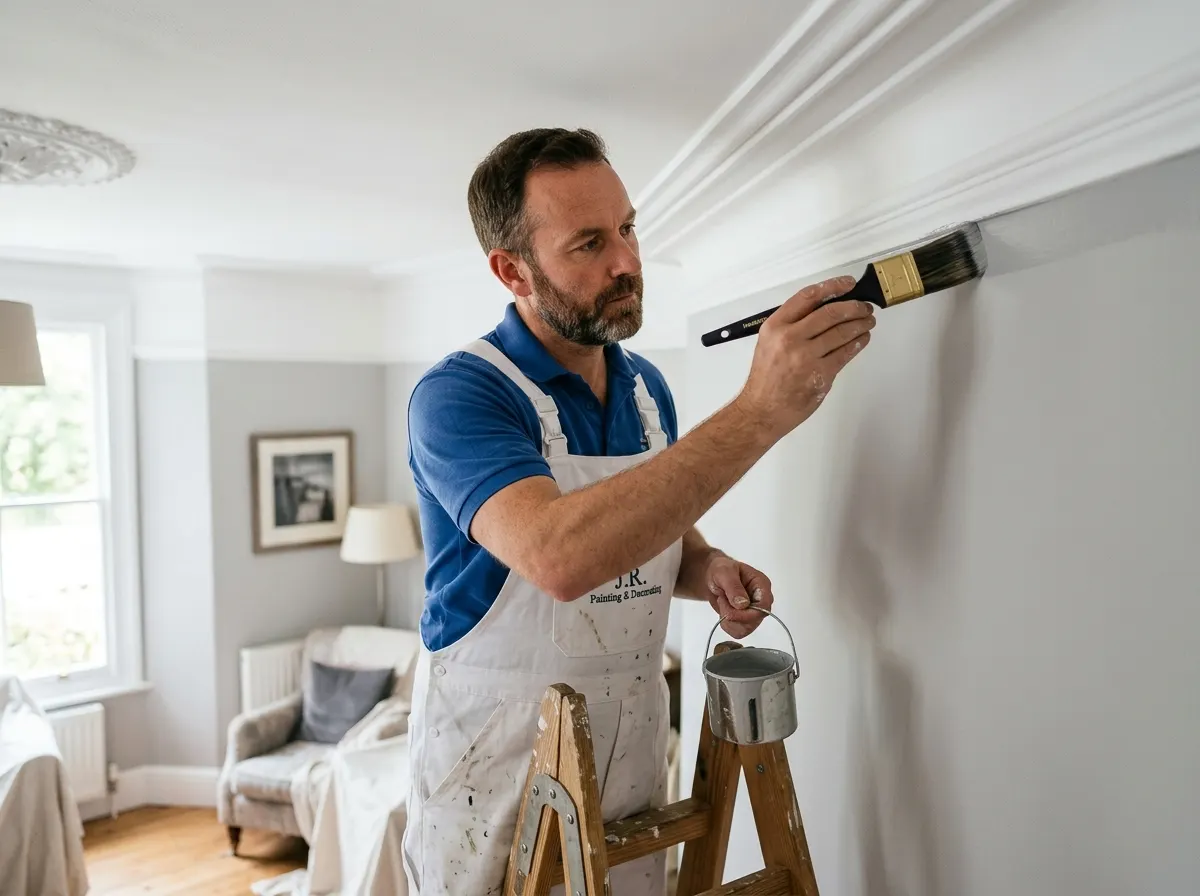 A professional decorator cutting in precision lines with a professional brush against ceiling coving