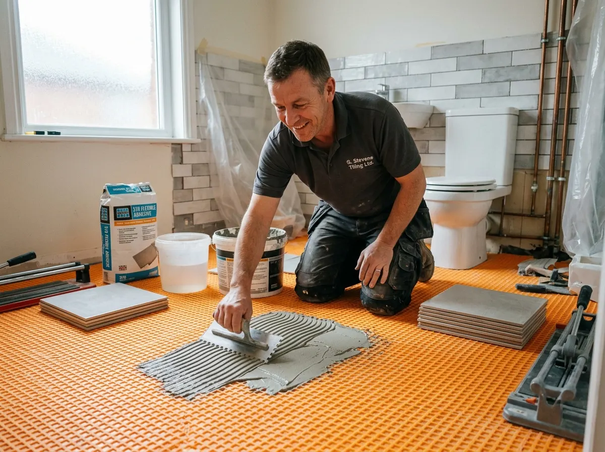 A tiler applying flexible adhesive over an orange Schluter Ditra decoupling membrane prior to tiling