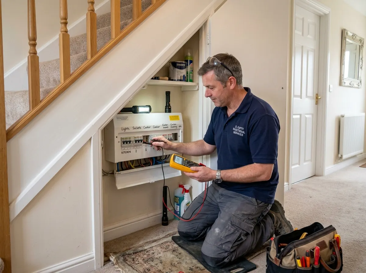 A professional electrician using a multifunction tester on a modern consumer unit