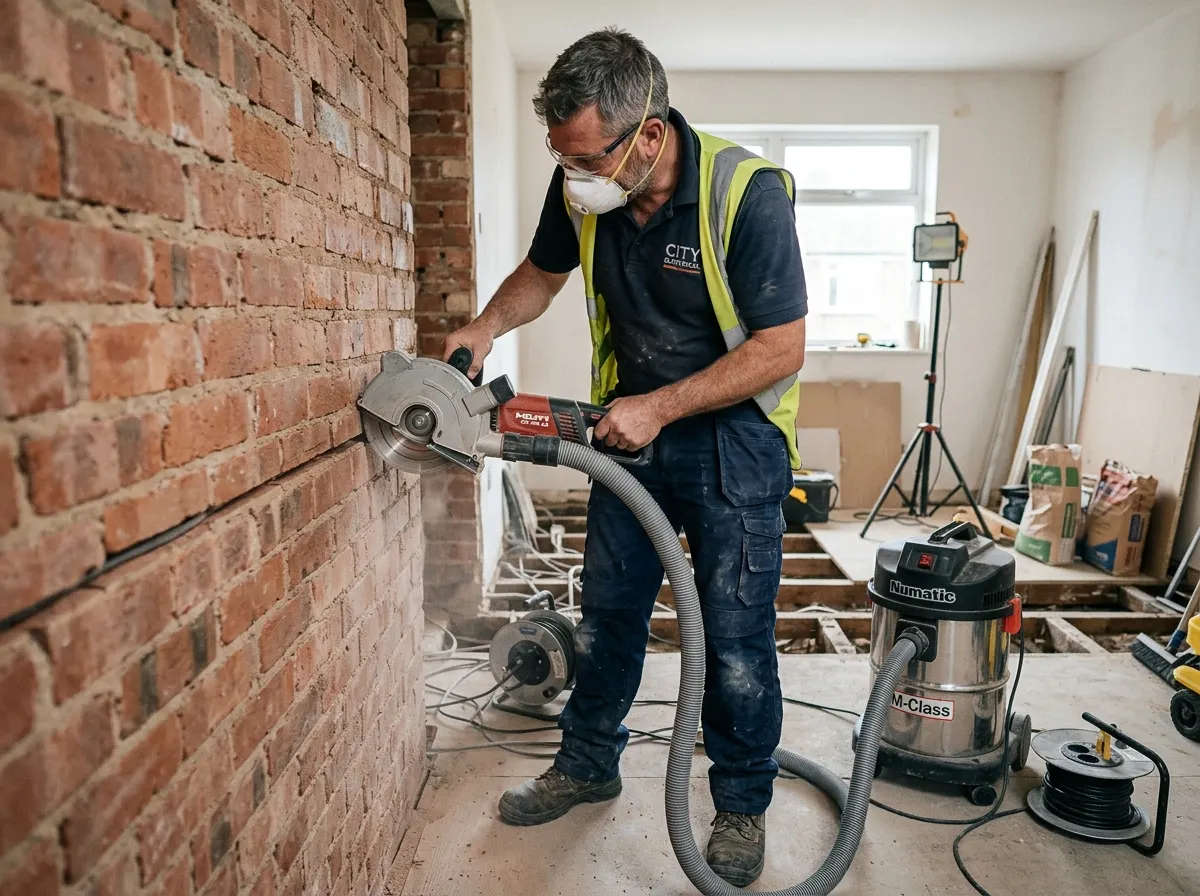 An electrician using a wall chaser tool with dust extraction to cut channels into brickwork for a house rewire
