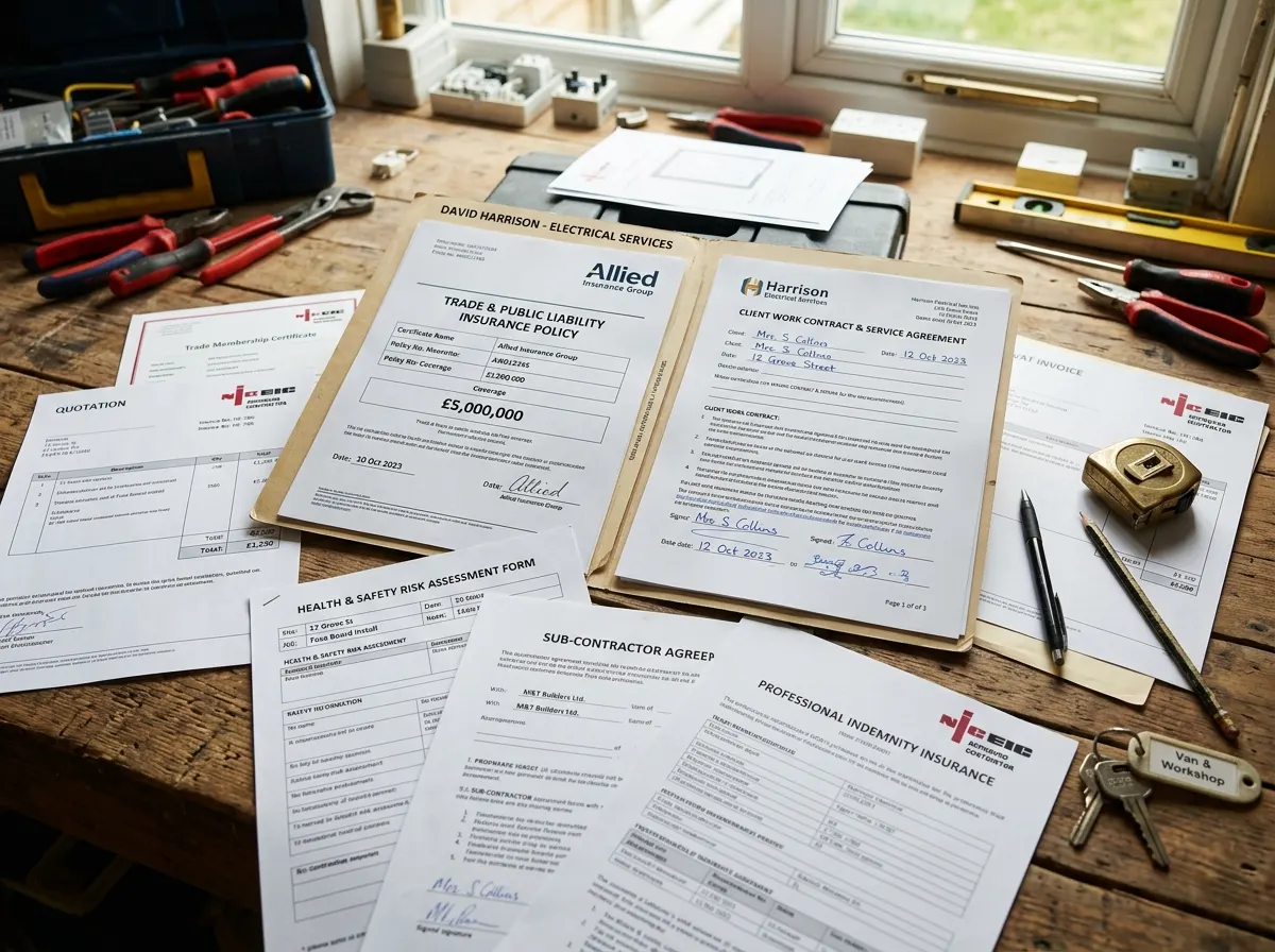 An electrician filling out an Electrical Installation Certificate on a clipboard