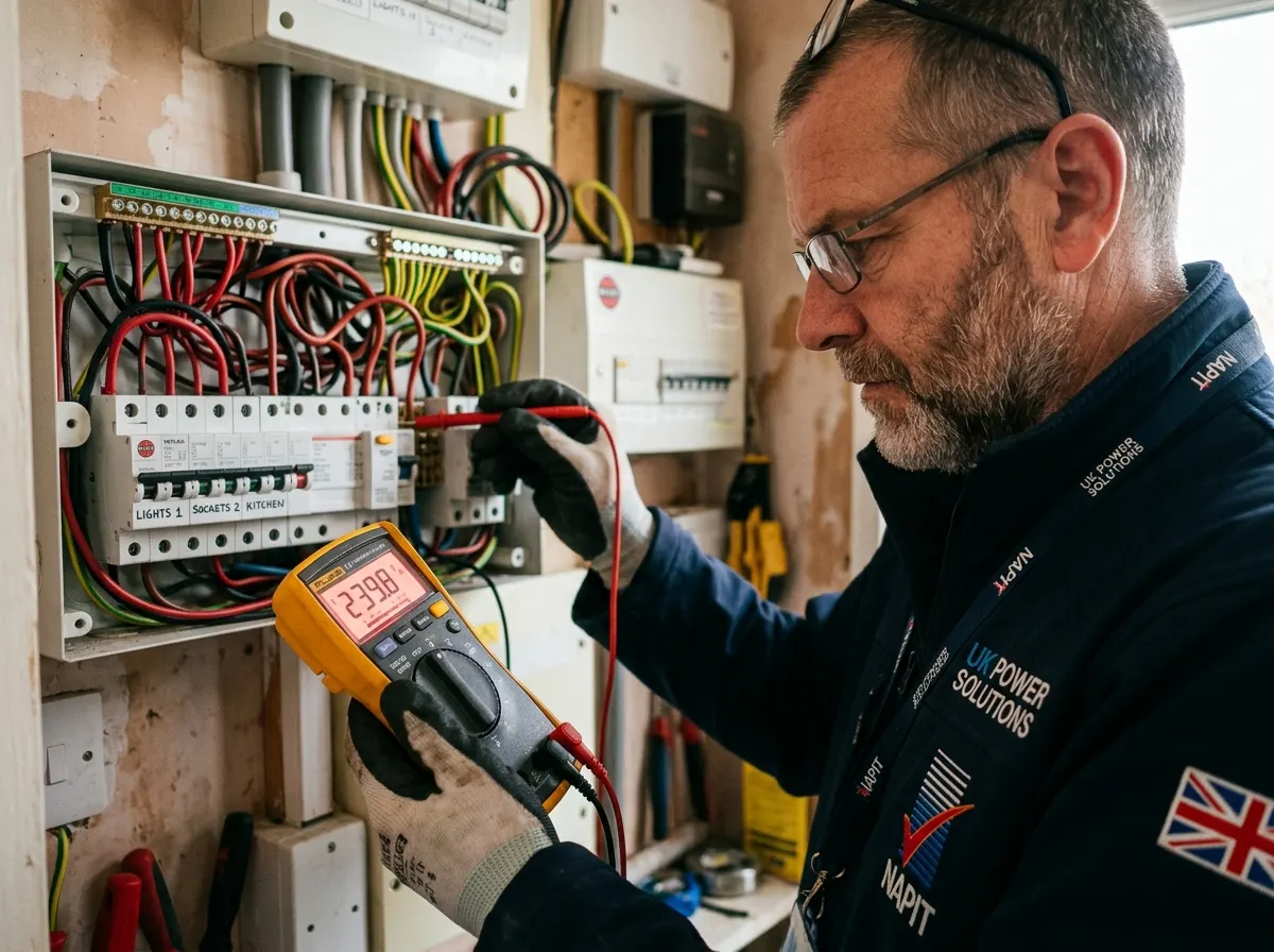 A UK electrician reading insulation resistance test results on a Megger multifunction tester