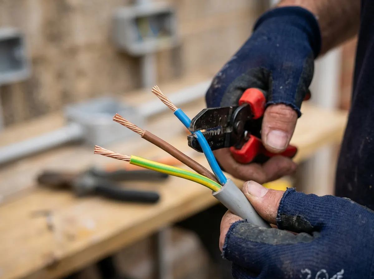 A UK electrician using wire strippers on standard flat Twin and Earth cable