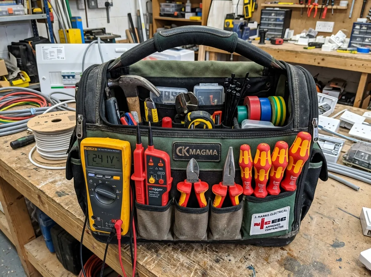 A UK electrician's tool bag showing a professional Megger multifunction tester, voltage indicator, and VDE hand tools
