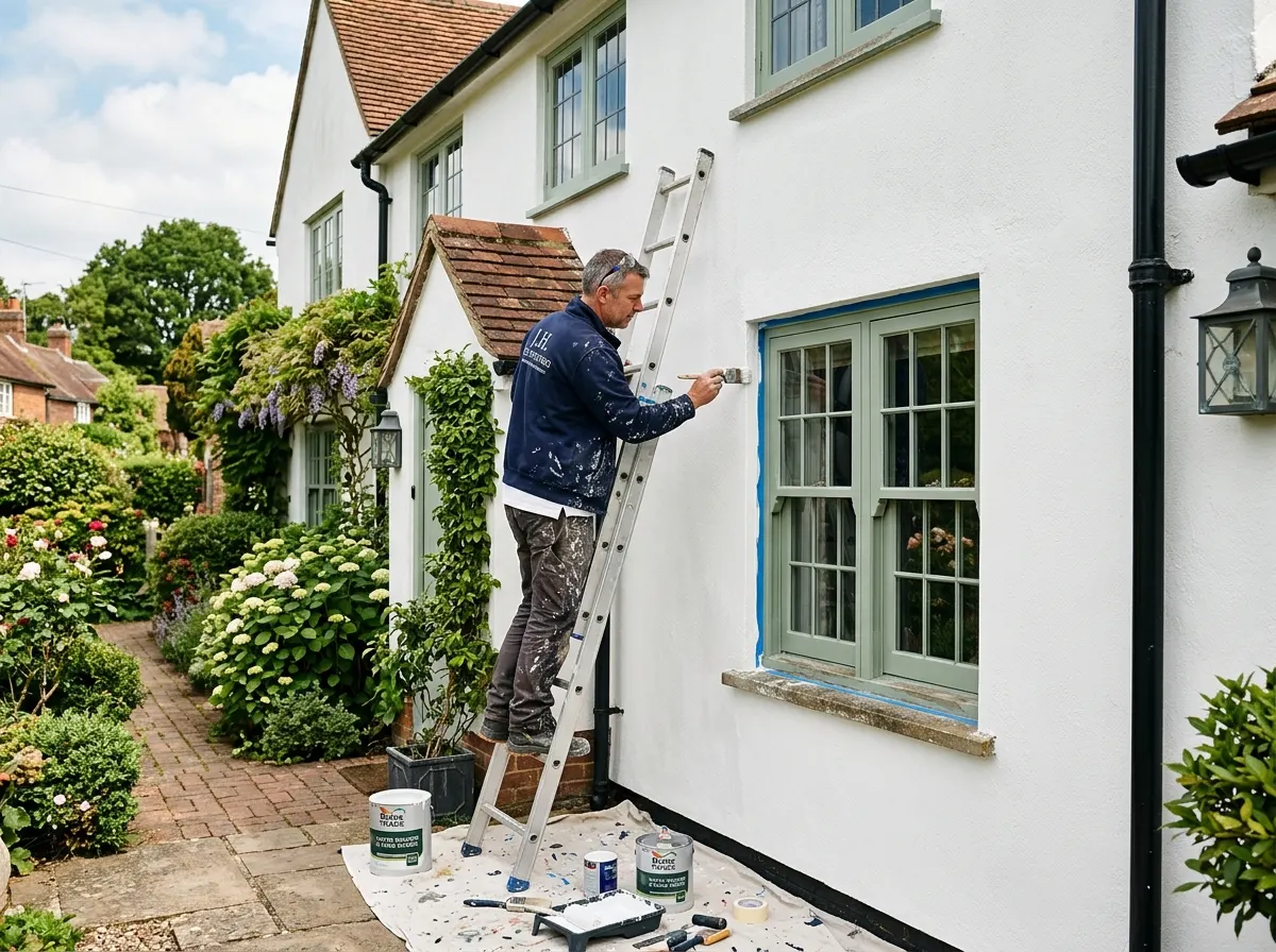 A professional painter refreshing exterior white render and black gloss timber window frames on a house