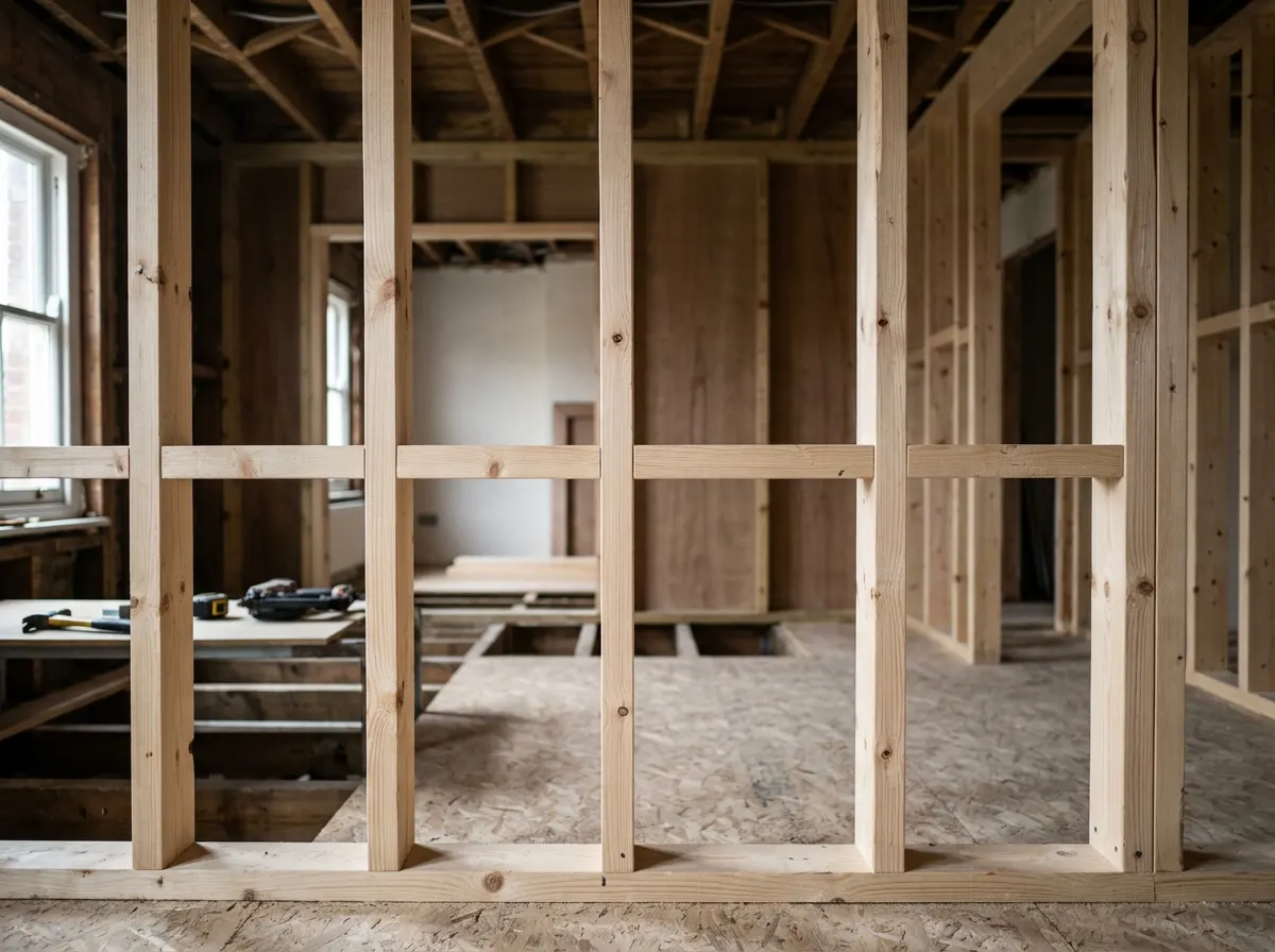 First fix carpentry showing rough timber stud wall framing