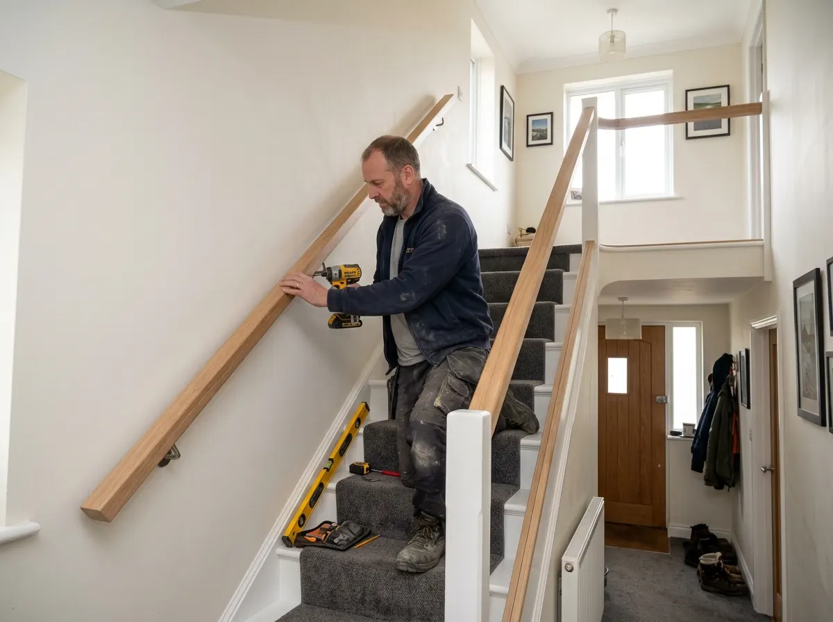 A carpenter fitting a modern solid oak handrail and glass panel balustrade onto a refurbished staircase