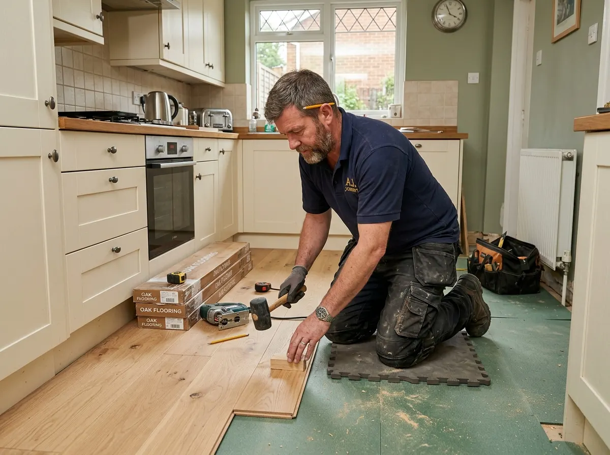 A professional flooring contractor carefully installing luxury vinyl tiles (LVT) in a modern open-plan kitchen